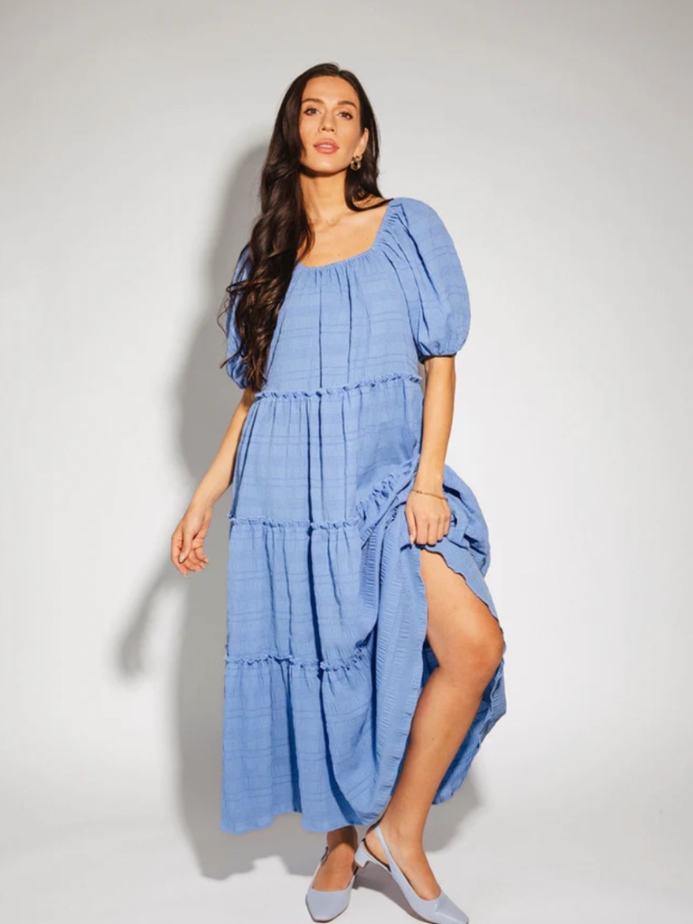 Blue Tiered Maxi Dress with Puff Sleeves